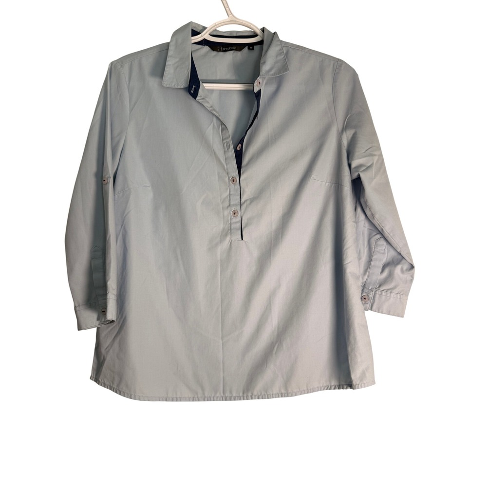 Annabelle Light Blue 3/4 Sleeve Button Tab Poplin Blouse Top Medium